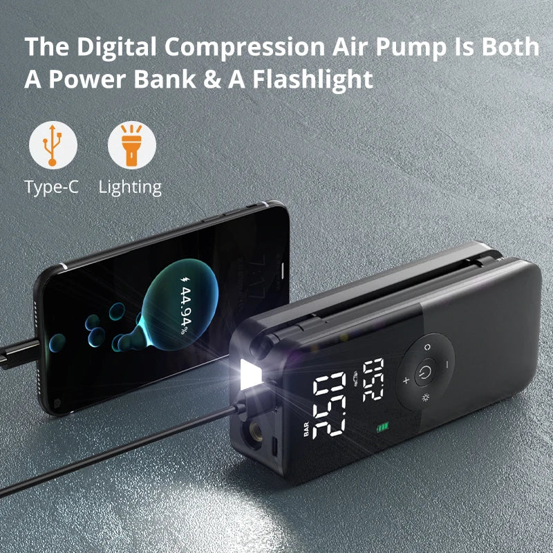CARSUN Cordless Tire Inflator with Digital Display, LED Light and Power Bank