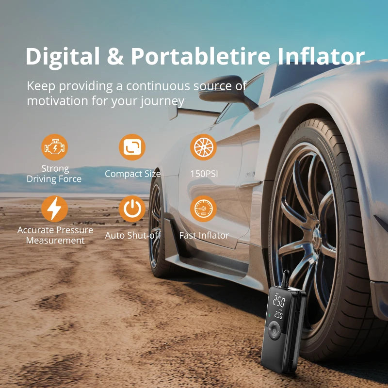 CARSUN Cordless Tire Inflator with Digital Display, LED Light and Power Bank