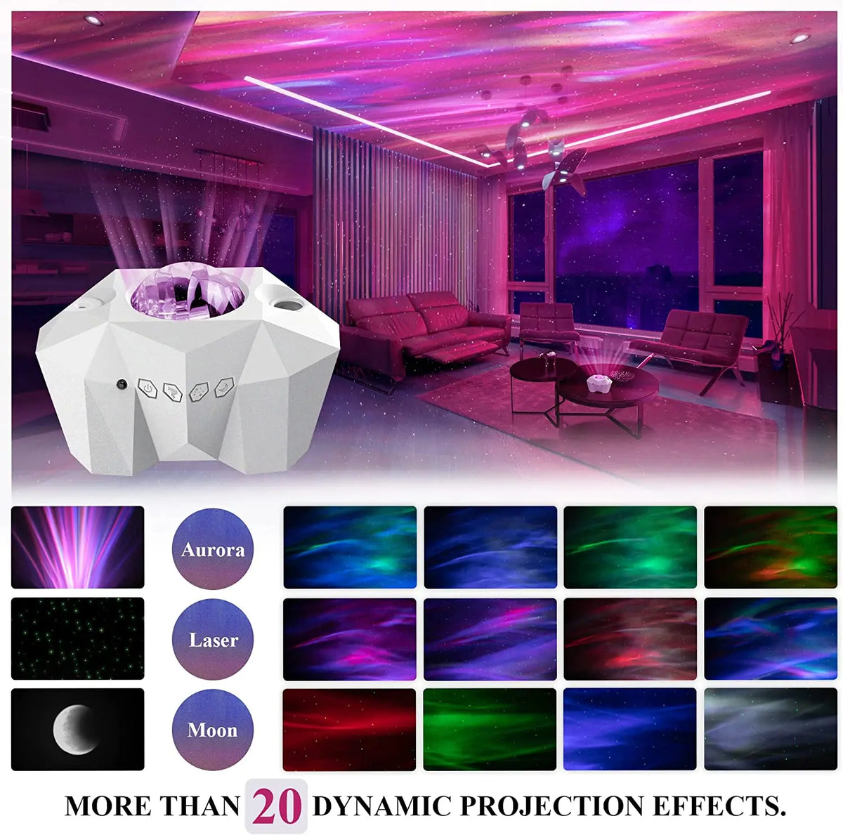 Aurora Galaxy Projector Lamp with Moon and Star Effects